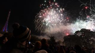 Crowds gather to watch fireworks during the 2018 Alexandra Palace Fireworks at Alexandra Palace on November 02, 2018