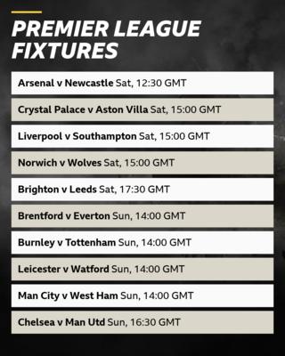 Saturday fixtures: Arsenal v Newcastle 12:30 GMT, Crystal Palace v Aston Villa 15:00 GMT, Liverpool v Southampton 15:00 GMT, Norwich v Wolves 15:00 GMT, Brighton v Leeds 17:30 GMT. Sunday fixtures: Brentford v Everton 14:00 GMT, Burnley v Tottenham 14:00 GMT, Leicester v Watford 14:00 GMT, Man City v West Ham 14:00 GMT, Chelsea v Man Utd 16:30 GMT