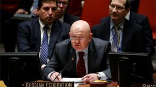 Vasily Nebenzia, Russia's UN ambassador, speaking at a Security Council meeting on Syria, 22 February 2018