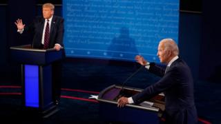 President Donald Trump and former Vice President and Democratic presidential nominee Joe Biden speak during the first presidential debate at the Health Education Campus of Case Western Reserve University on September 29, 2020 in Cleveland, Ohio