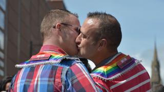 Пара целуется на акции протеста в поддержку однополых браков