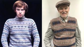 Chris Morphet wearing a Fair Isle sweater in 1970 and now