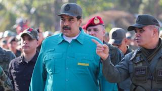 Venezuela's President Nicolas Maduro and Venezuelan Minister of Defense, Vladimir Padrino (R), during military exercises at Fort Paramacay, in Carabobo, Venezuela, 27 January 2019