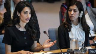 Human Rights lawyer Amal Clooney and Nobel Prize winner Nadia Murad at a UN Security Council meeting.