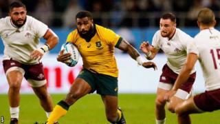Marika Koroibete runs with the ball for Australia
