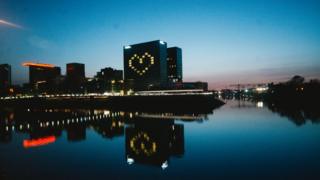 Hyatt Regency Hotel in Duesseldorf illuminates rooms which form a heart during the coronavirus crisis in Duesseldorf, Germany, on April 11, 2020