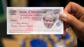 A spoof banknote depciting UK Prime Minister Boris Johnson during the Green Party Autumn Conference on October 4, 2019 in Newport, Wales. The Green Party gained nearly 200 new councillors during the local elections in May, taking the number to 362 councillors on 122 councils, and saw its number of MEPs rise from three to seven. The party opposes Brexit and supports a second referendum. (Photo by Matthew Horwood/Getty Images)
