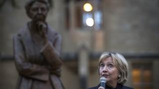 Hillary Clinton expresses after the unveiling of the statue of Eleanor Roosevelt at the Bonavero Institute in Oxford, on the occasion of the 70th anniversary of the Universal Declaration of Human Rights