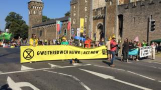 The protesters have taken over Castle Street in Cardiff city centre