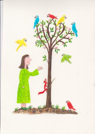 Illustration of a girl with a tree and animals.