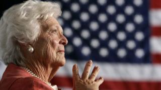 Barbara Bush listens to her son, George W Bush, as he speaks at an event on social security reform in Orlando, Florida March 18, 2005