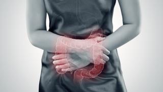 Mujer con intestino dibujado.