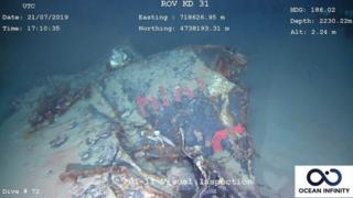 A handout photo made available by the French Navy and the Defense Ministry shows an underwater image of part of a wreckage of the Minerva submarine as seen from a Remotely Operated underwater Vehicle (ROV), off the coast of Toulon, France, 21 July 2019