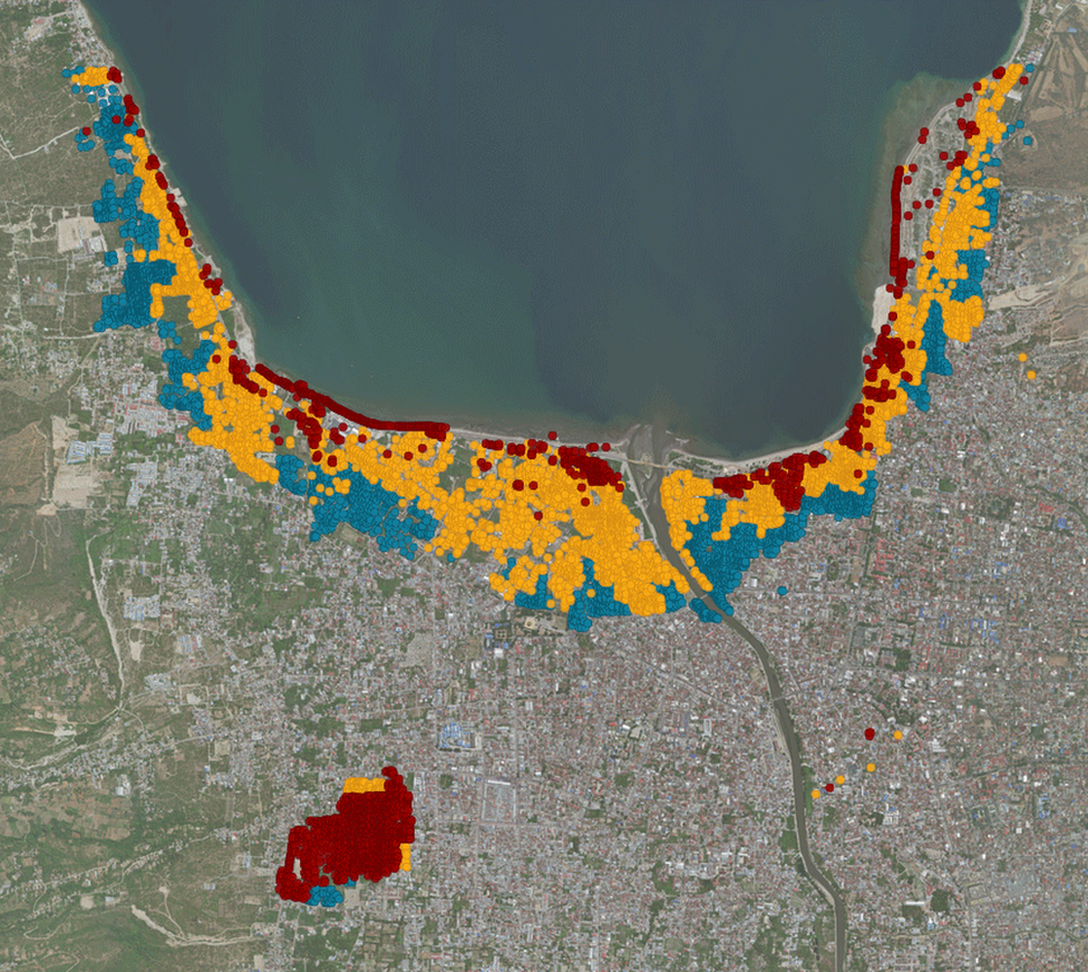 Mapa de Palu con los edificios destruidos o dañados en Palu, Indoneia