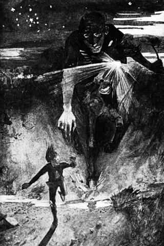 Наклави Наклави преследует островитянина. Гравюра Джеймса Торранса (1859—1916)
