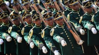 Members of South Africa's National Guard march prior to the arrival of German Chancellor Angela Merkel for the official welcoming ceremony at the Union Buildings in Pretoria, South Africa, 6 February 2020