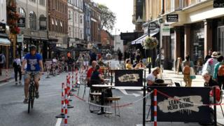 General view of a road that has been pedestrianised to encourage social distancing and outdoor dining in the city centre, amidst the coronavirus disease (COVID-19) pandemic, in Oxford, Britain