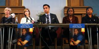 Lawyer Aamer Anwar leads a news conference with Sheku Bayoh's loved ones, 14 May 2015