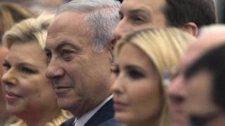 Israel's Prime Minister Benjamin Netanyahu (third L), his wife Sara Netanyahu (second L) Senior White House Advisor Jared Kushner (C), US President's daughter Ivanka Trump at the opening of the US embassy in Jerusalem.