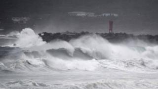 Waves crash on the coast as Typhoon Haishen approaches in Makurazaki, Kagoshima prefecture on September 6, 2020