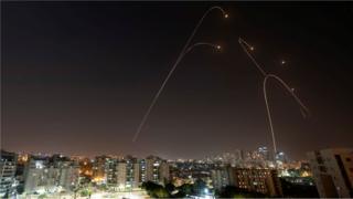 Iron Dome anti-missile system fires interception missiles as rockets are launched from Gaza towards Israel, as seen from the city of Ashkelon, Israel, 13 November, 2019.