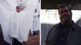 Jim Osborn at the original angel action protest and today at the mural that commemorates the counter-demo