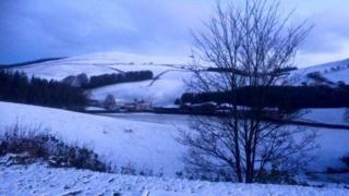 Snow has been falling across Wales, including in New Radnor, Powys