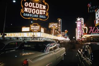 Archive image shows a view of Fremont Street, historic Las Vegas, in 1958