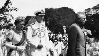 Ceylon, Colombo, The Queen Elizabeth Ii In Coronation Robes And The Duke Leaving The Independence Memorial Hall, In April 1954.