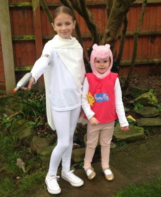 Here's May as Padme from Star Wars, and yer younger sister Caitlin as Peppa Pig