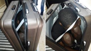 Африканский мигрант спрятан в чемодане - картинка из гражданской гвардии Испании