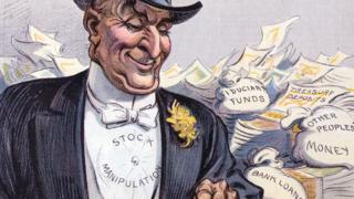 Ilustración de un hombre que lleva una inscripción en el pecho en la que se lee "manipulación de acciones".