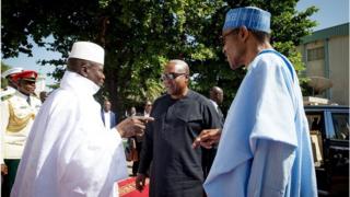 Shugaban Gambia Yahya Jameh da Muhammadu Buhari na Najeriya da John Mahama na Ghana