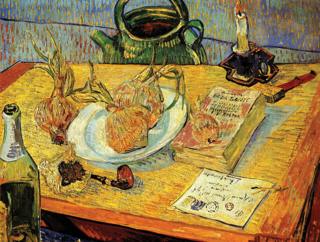 "Garrafa com cachimbo, cebolas e cera", de Vincent van Gogh