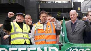 RMT workers at a picket line with Mick Lynch