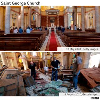 Destruction inside the Saint George Maronite Church on 5 August 2020