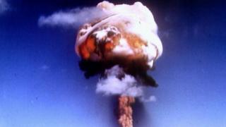 A nuclear bomb testing explosion