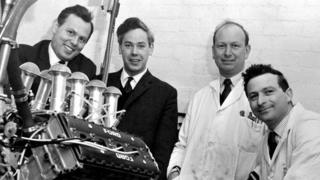 Cosworth founders Keith Duckworth (second left) and Mike Costin (third left) are pictured in the 1950s with colleagues Bill Brown and Ben Rood