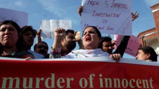 People demonstrate after the killing Mashal Khan, accused of blasphemy, by a mob at Abdul Wali Khan University in Mardan, during a protest in Peshawar, Pakistan 14 April 2017