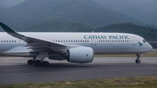 A Cathay Pacific Jet taxiing at Hong Kong's international airport