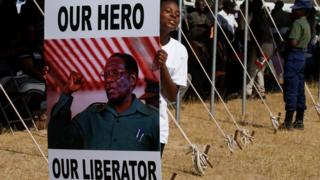 A woman holds a pro-Mugabe poster
