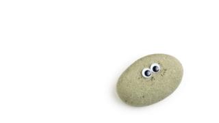 Réplica de uma Pet Rock com olhos aplicados nela