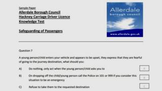 Section of a sample taxi driver knowledge test