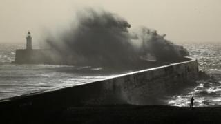 Strong waves lash the coast at Newhaven, southern England