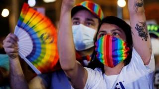 People taking part in a Gay Pride event in Tel Aviv (28/06/20)