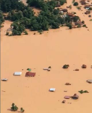 Aerial view of flood-hit villages in Laos