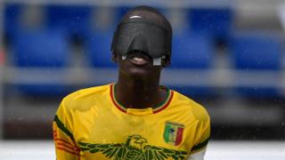 A Malian blind football gestures during a match of the International Blind Sports Federation"s Blind Football World Championships against Brazil in Madrid on June 08, 2018
