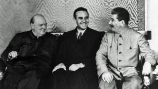 US ambassador Averell Harriman sitting between Winston Churchill and Joseph Stalin at the Kremlin