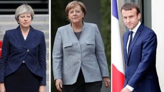 Theresa May, Angela Merkel and Emmanuel Macron (composite image)