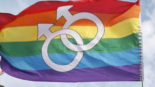 Two linked male symbols are seen on a rainbow flag in this extreme close-up